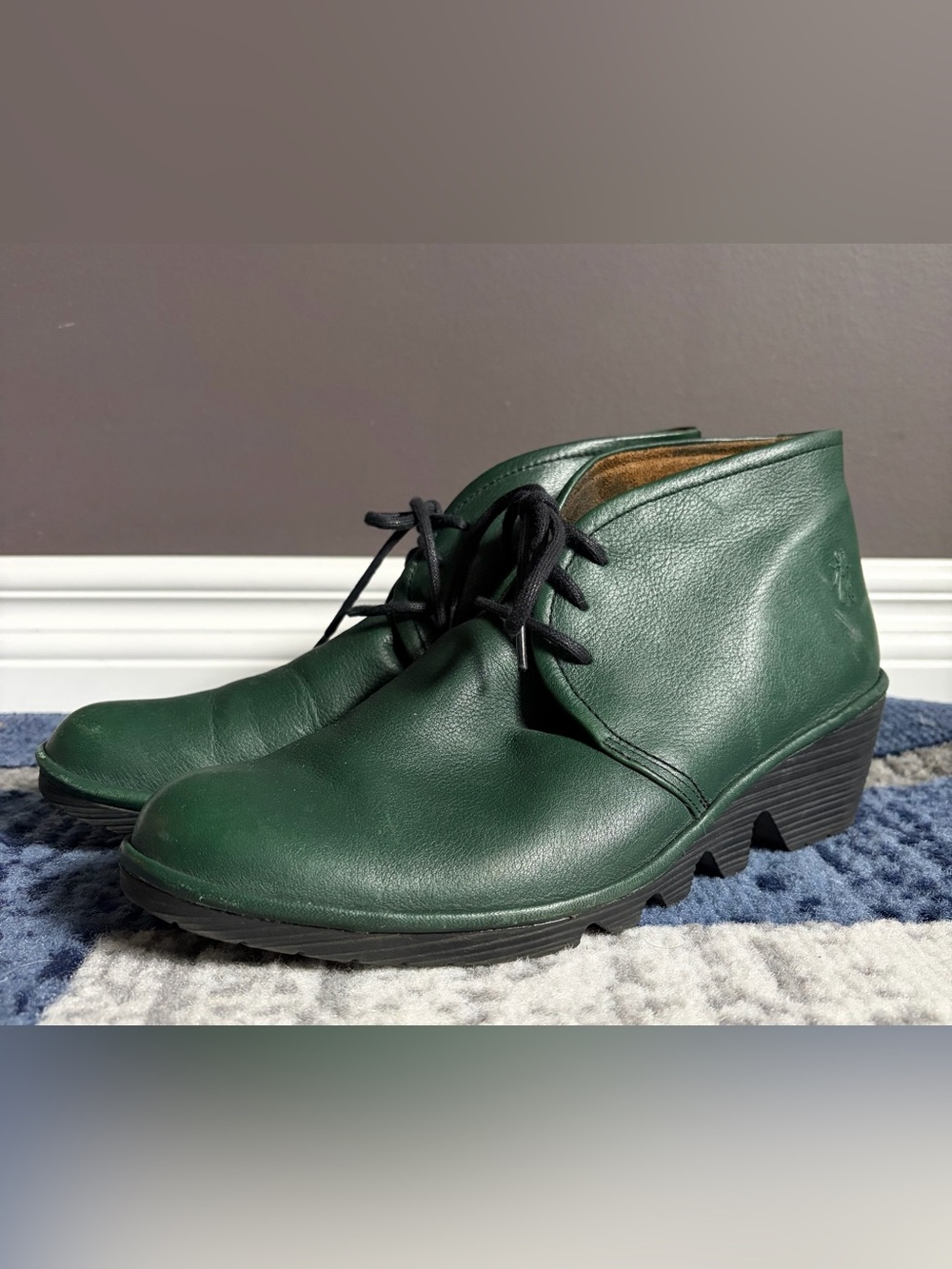 Fly London Pert Bottle Green Leather Lace Up Heeled Ankle Wedge Boots.